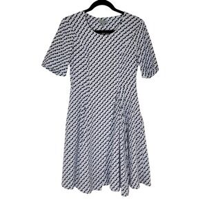 COS Blue Geometric Chevron Fit & Flare Asymmetric Short Sleeve Dress Cotton Sz 4